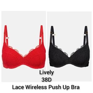 Lively Red Black Lace Wireless Push Up Bra 38D Bundle 2 Pack
